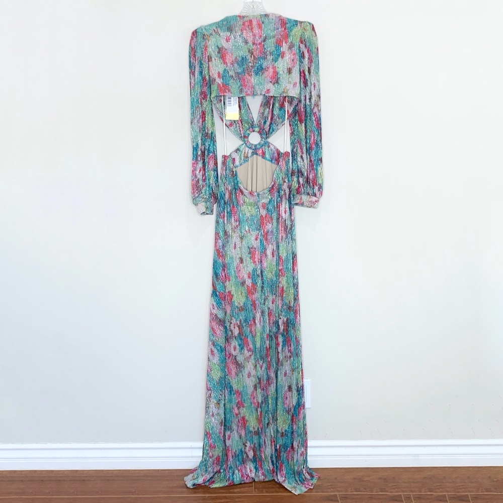NEW PatBO Printed Lurex Cut-Out Maxi Dress (Sz 6) Long Sleeve Gown Green Multi - Picture 9 of 14